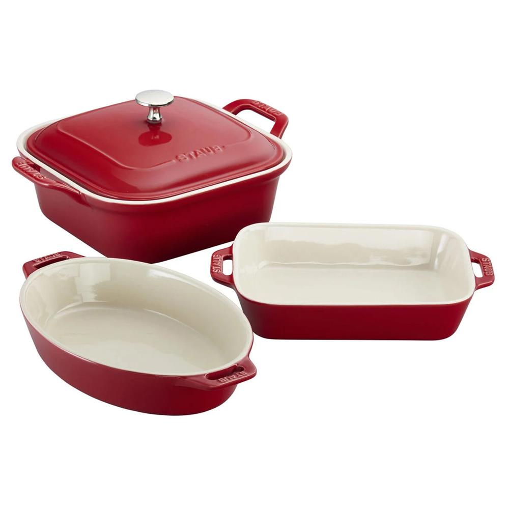 Staub Modern Classic Cherry Red Ceramic 4 Piece Mixed Baking Dish Set|