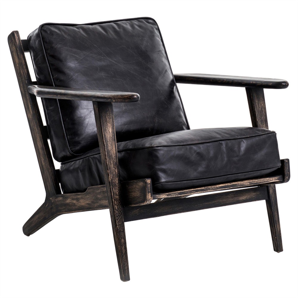 Rider Mid Century Black Upholstered Leather Oak Wood Frame