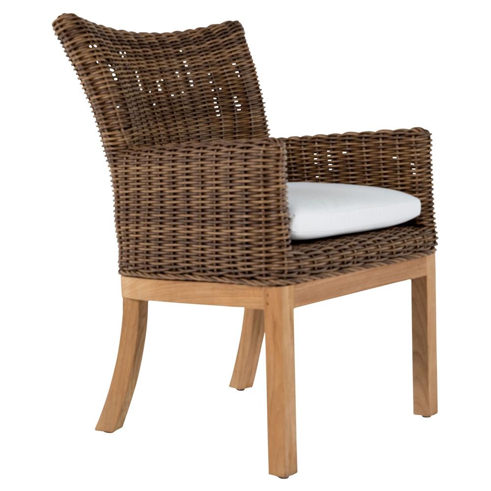 Montauk Coastal White Seat Brown Woven Wicker Outdoor Arm Chair|