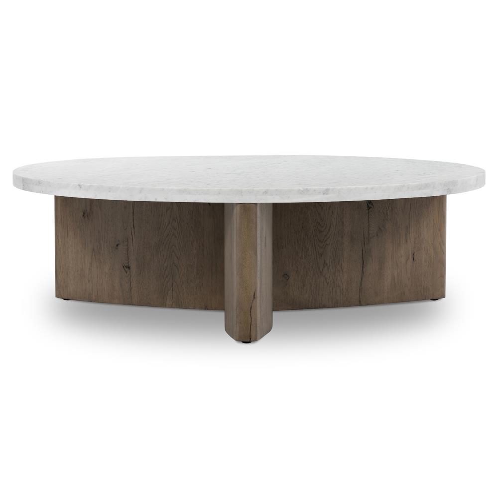 Teddie Rustic Lodge White Marble Top Grey Oak Wood Round Coffee Table|