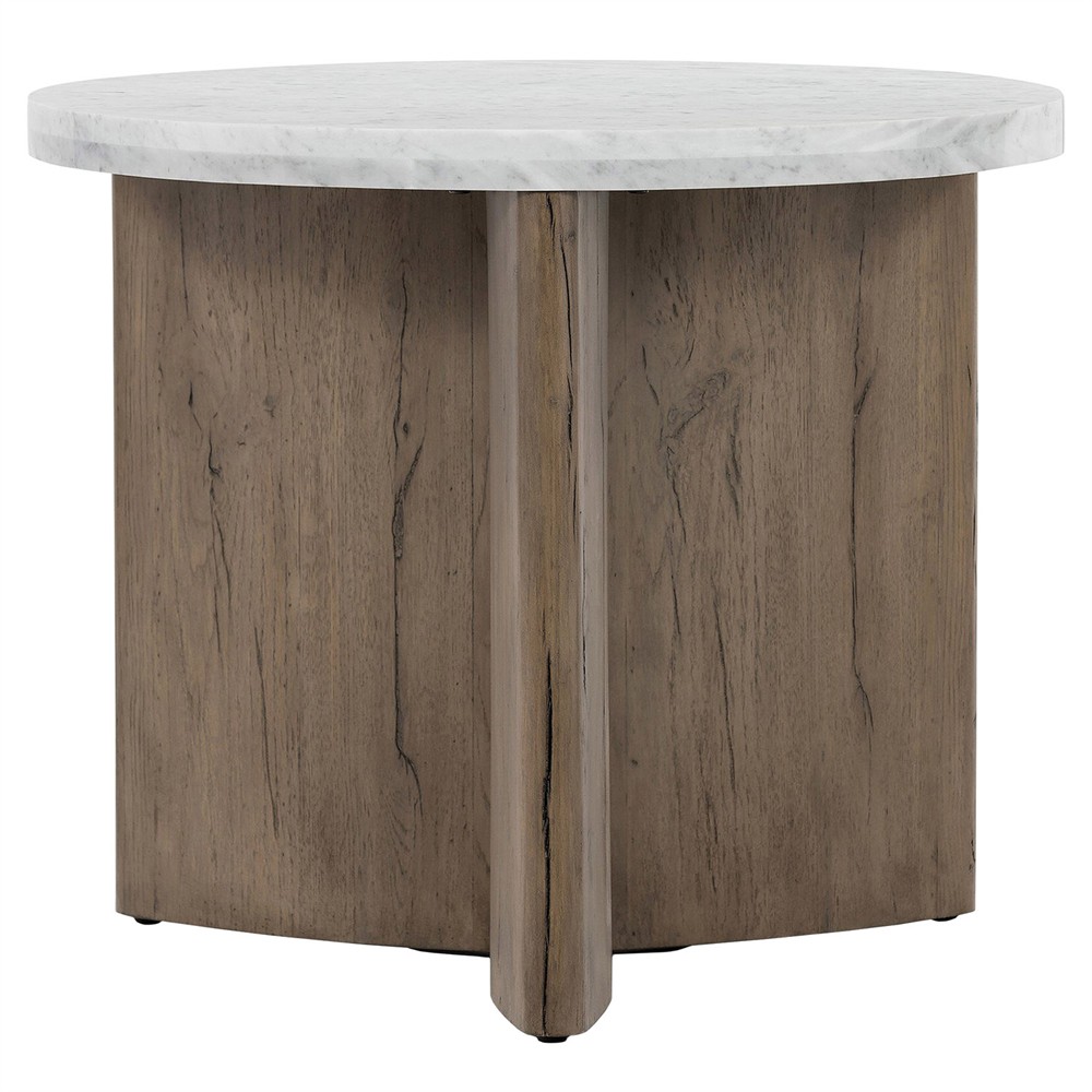 Teddie Rustic Lodge White Marble Top Brown Solid Oak Round End Table|