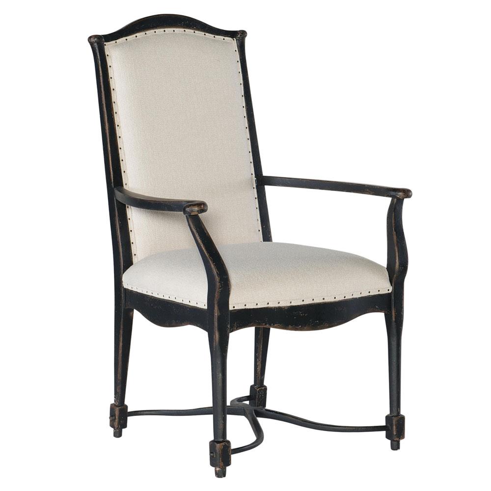 Kaira French Country Black Wood Cream Upholstered Nailhead Trim Dining Arm Chair|