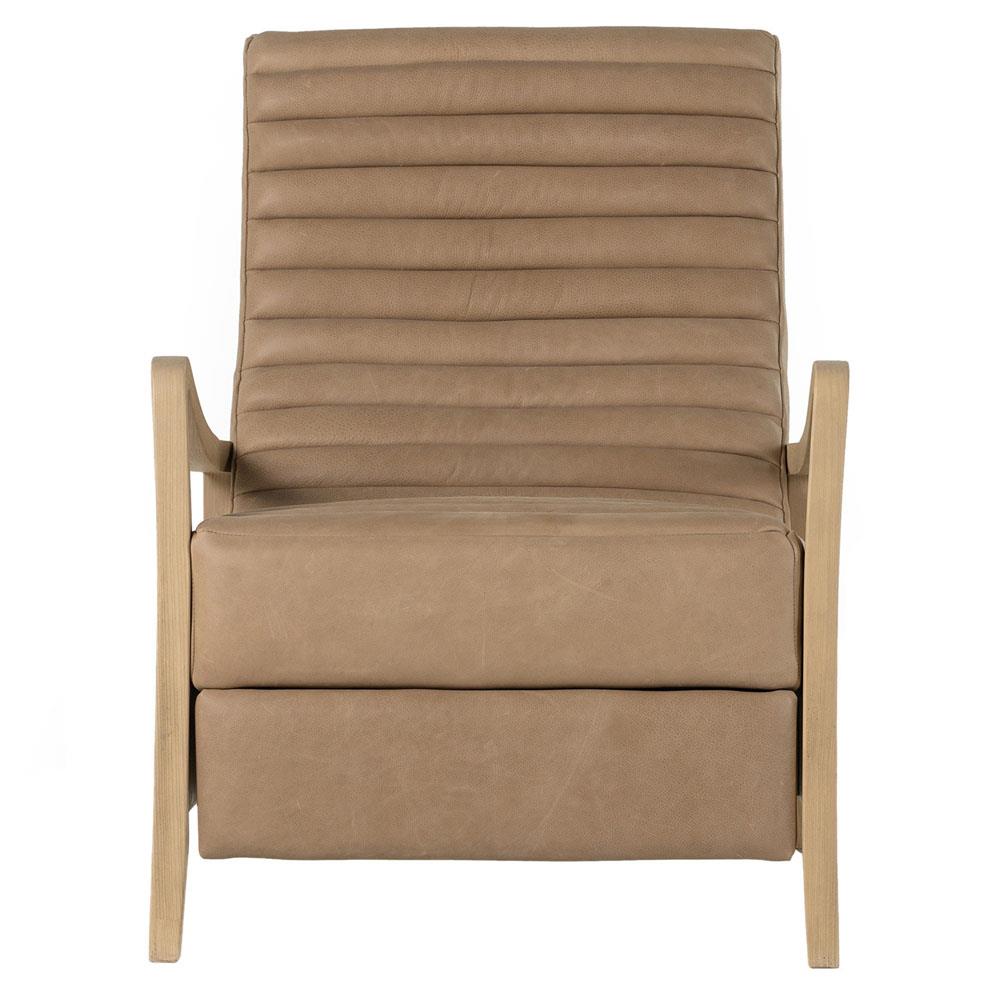 Amani Mid Century Nude Beige Leather Wood Frame Recliner Chair|