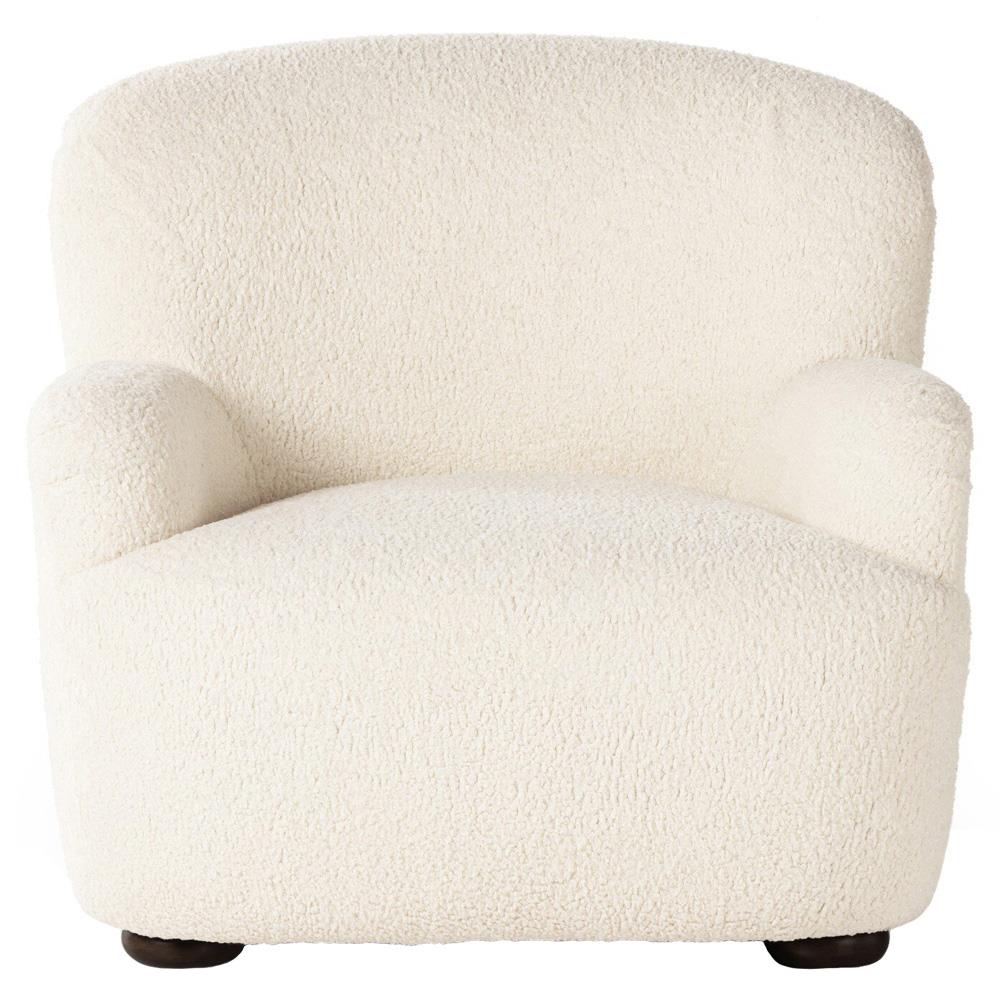 Kaden Modern Classic Cream Upholstered Boucle Brown Wood Wingback Arm Chair|