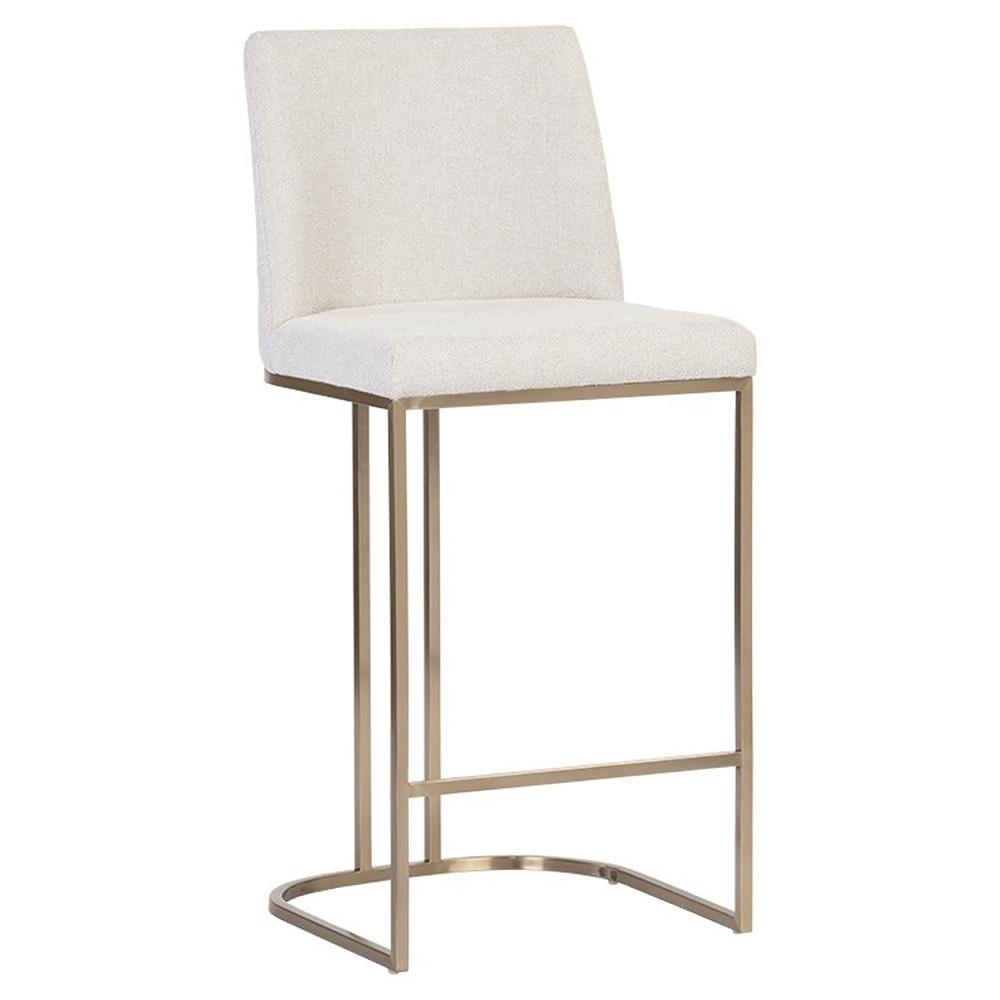 Aliyah Oatmeal Beige Upholstered Antique Brass Stainless Steel Counter Stool|