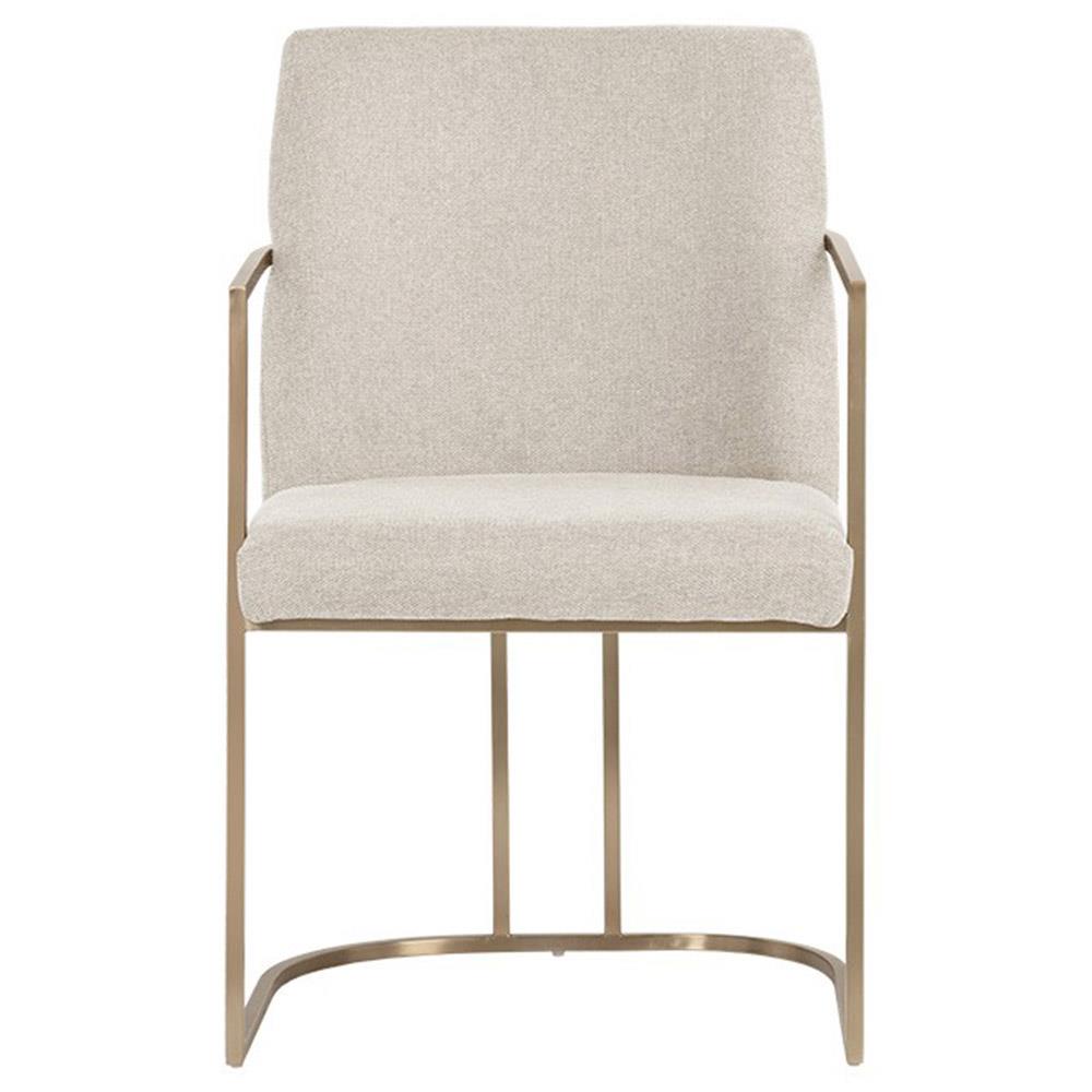 Aliyah Oatmeal Beige Upholstered Antique Brass Steel Dining Arm Chair|