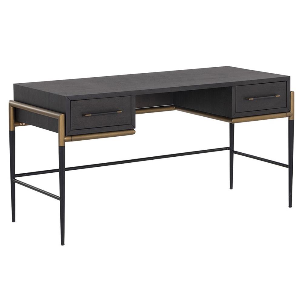 Senesca Rustic Lodge Brown Acacia Wood Black Iron Base 2 Drawer Desk|