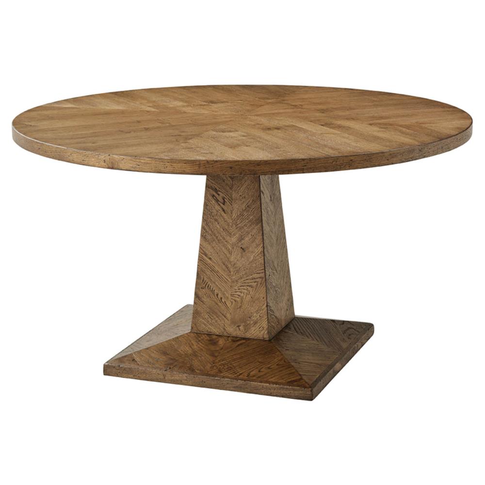 Ayra Dawn Brown Herringbone Oak Round Pedestal Dining Table - 54"W|