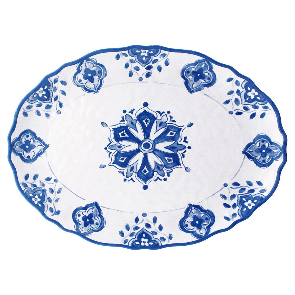 Moroccan Global Bazaar White Melamine Blue Floral Oval Serving Platter|