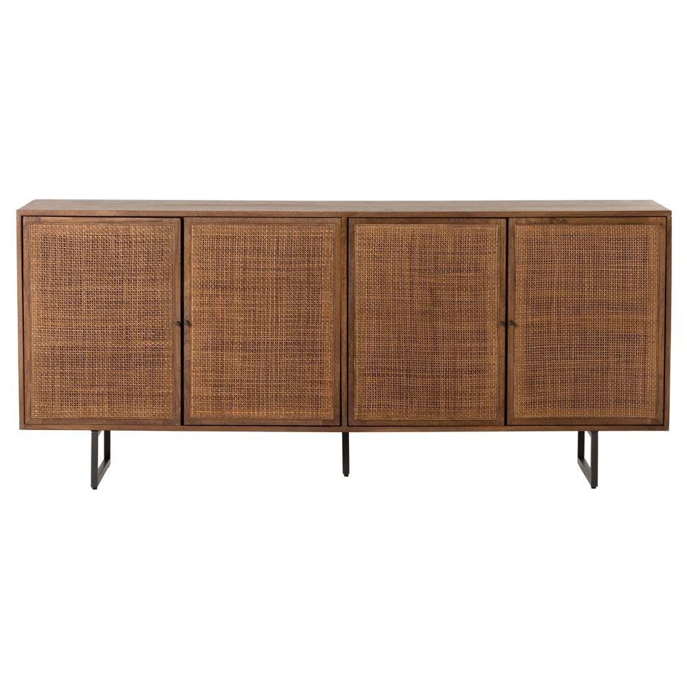 Emilie Coastal Beach Brown Mango Wood Black Iron Woven Cane 4 Door Sideboard|
