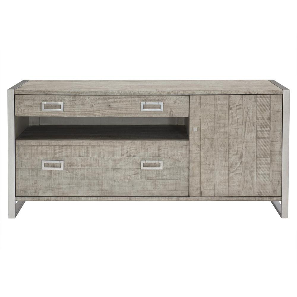 Chase Rustic Grey Pine Wood Silver Stainless Steel 2 Drawer Media Cabinet|