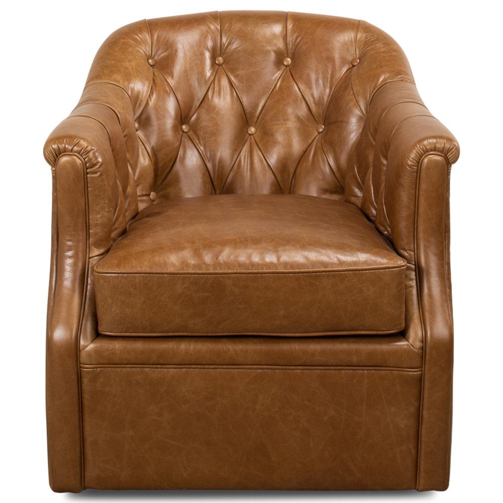 Cooper Rustic Lodge Brown Leather Upholstered Tufted Swivel Club