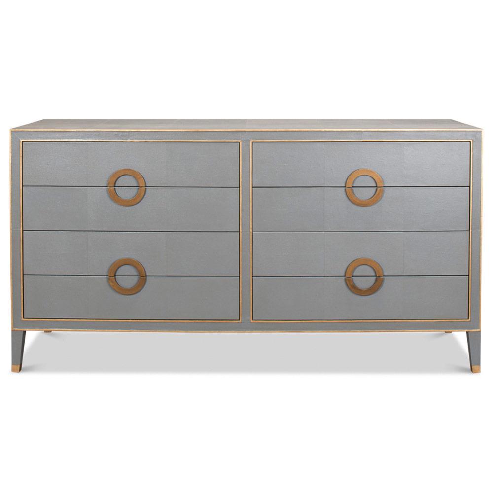Levi Mid Century Modern Grey Shagreen Leather Brass Accent 8 Drawer Double Dresser|