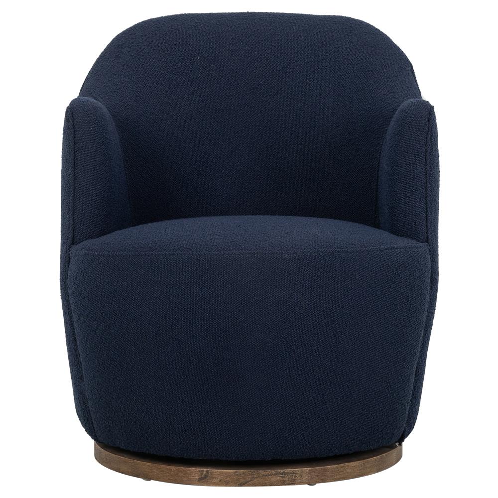 Samuel French Country Blue Upholstered Boucle Brown Wood Swivel Arm Chair|