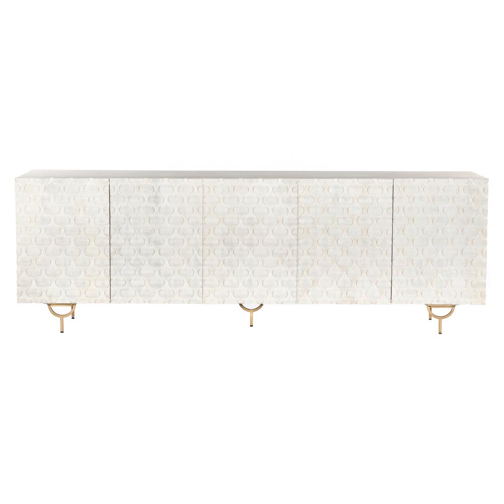 Harriet Mid Century White Wash Carved Mango Wood Gold Iron Base Media Cabinet - 82"W|