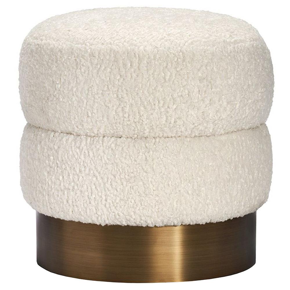 Charlize Off-White Upholstered Faux Shearling Boucle Bronze Ottoman|