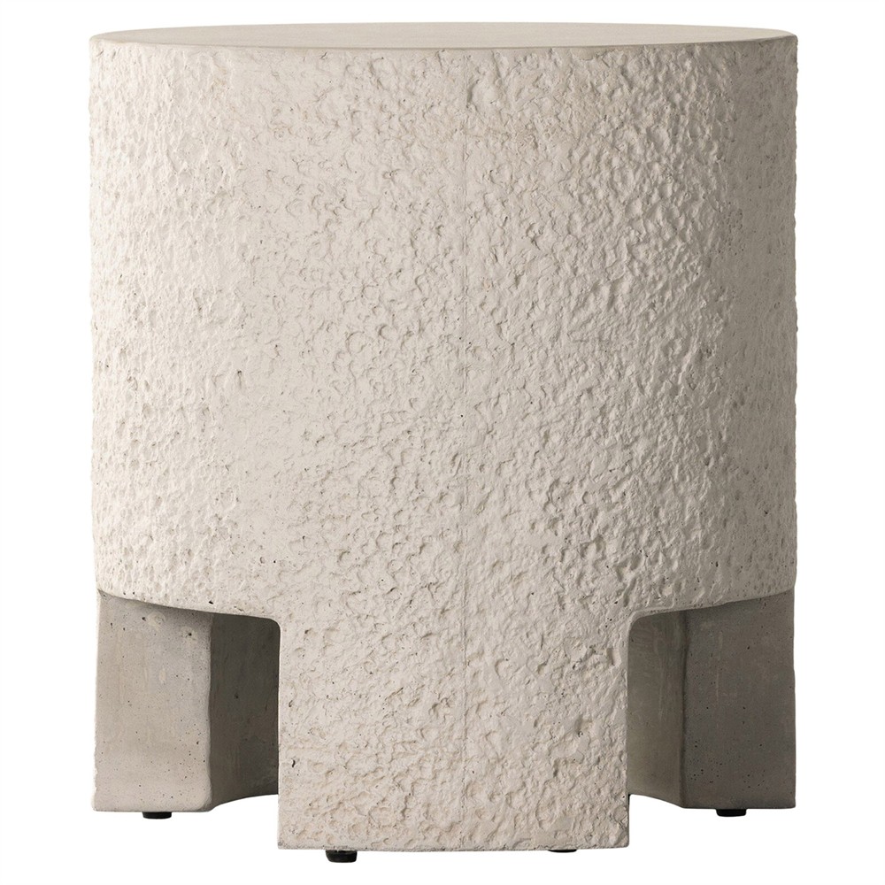 Kingston Industrial Loft White Textured Concrete Round Drum Outdoor End Table|