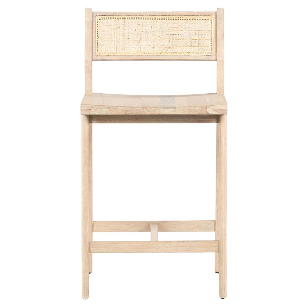 Marina Coastal Beach Whitewash Solid Mango Wood Natural Woven Cane Counter Stool|