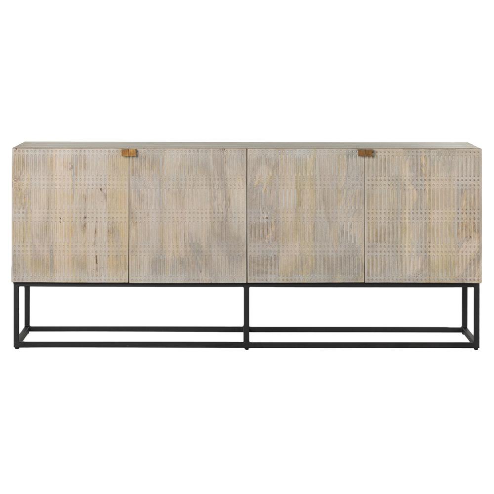 Madison Mid Century Washed Grey Mango Wood Black Iron 4 Door Sideboard|