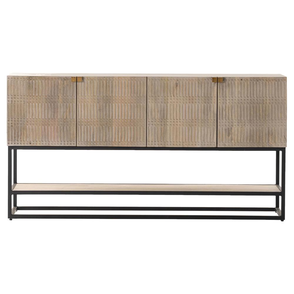 Madison Mid Century Washed Grey Mango Wood Black Iron 4 Door Media Cabinet - 56"W|