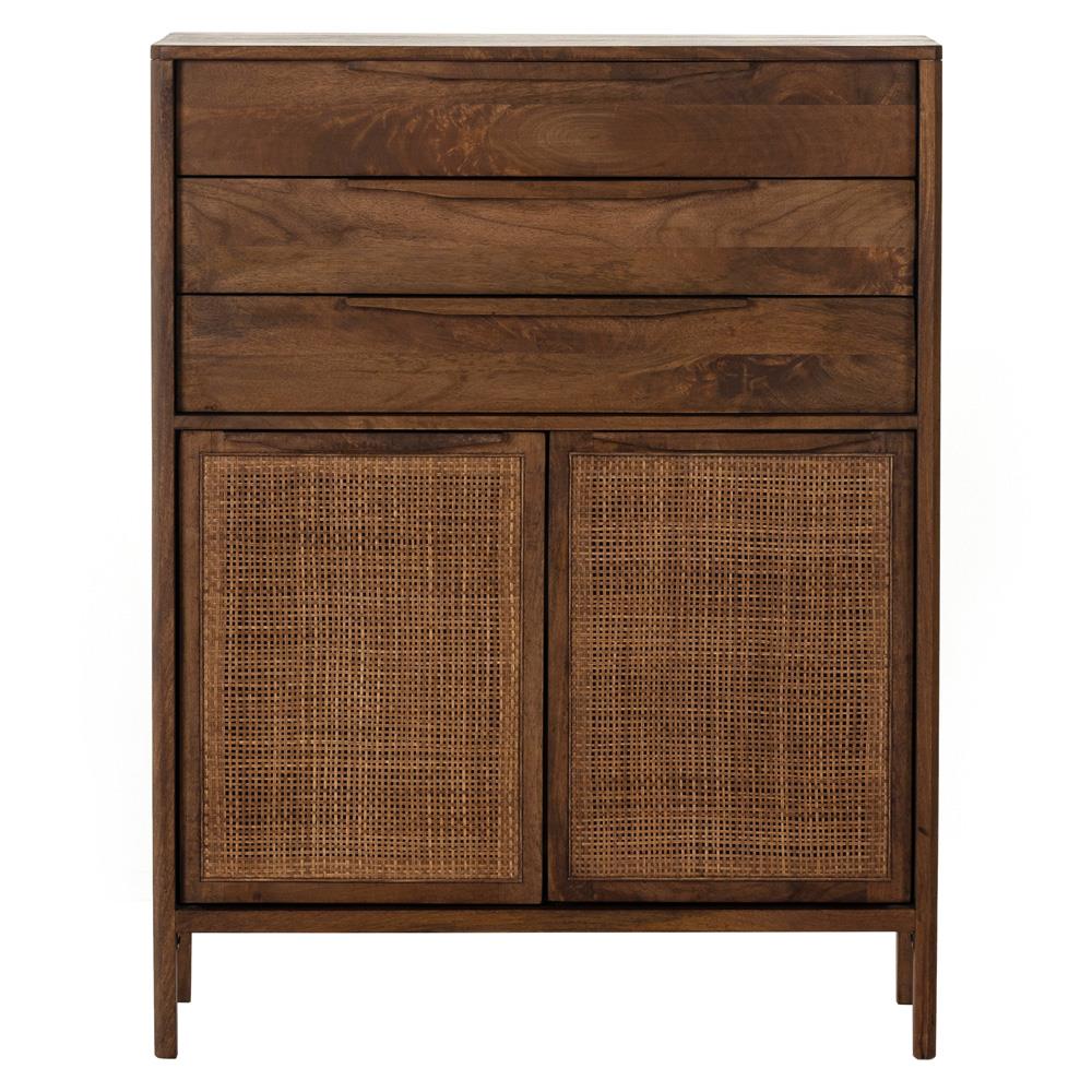 Rhian Coastal Beach Brown Woven Cane Mango Wood 3 Drawer Tall Chest Dresser|