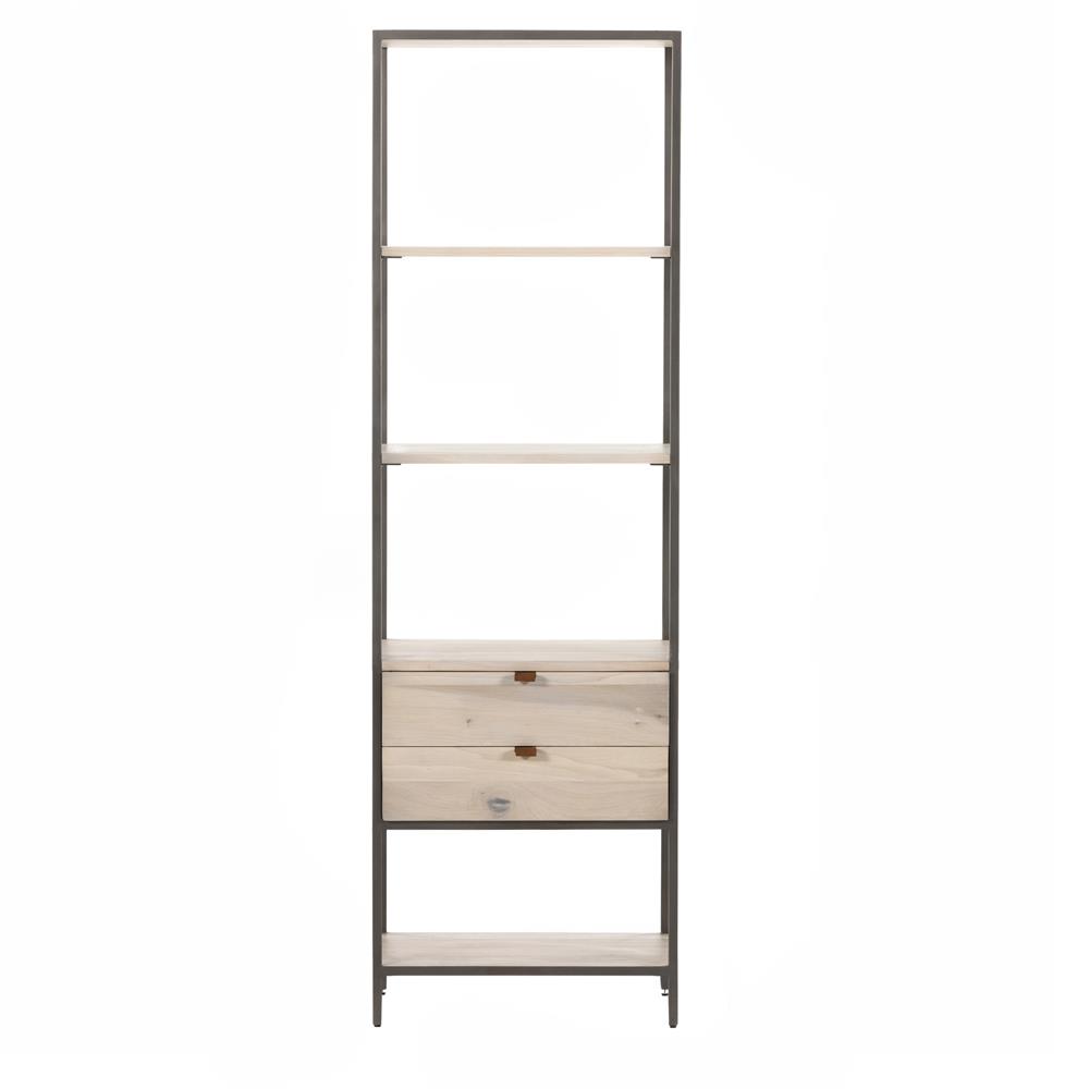 Theodore Industrial Loft Dove White Wood Grey Iron Frame 2 Drawer Display Bookcase|