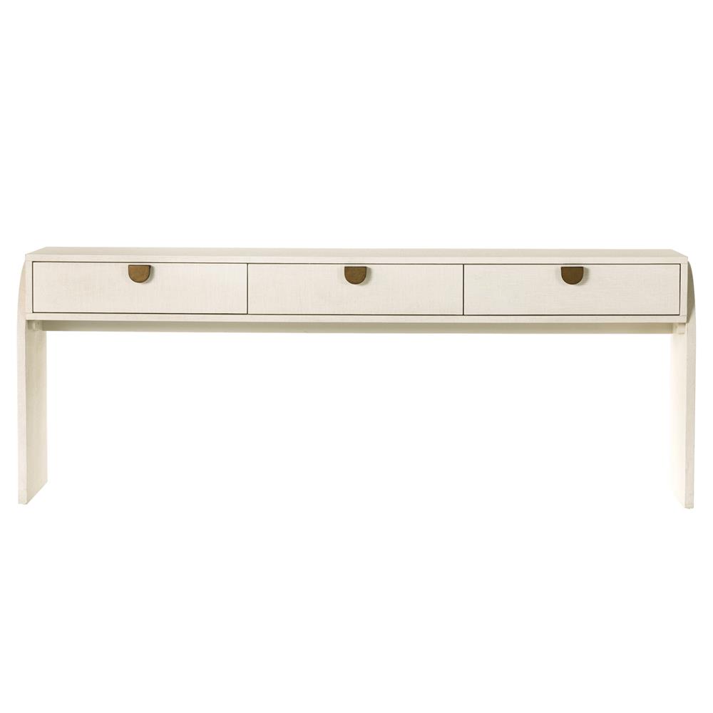 Maya Cream Painted Linen Mahogany Wood Brass Iron Pull 3 Drawer Console Table|