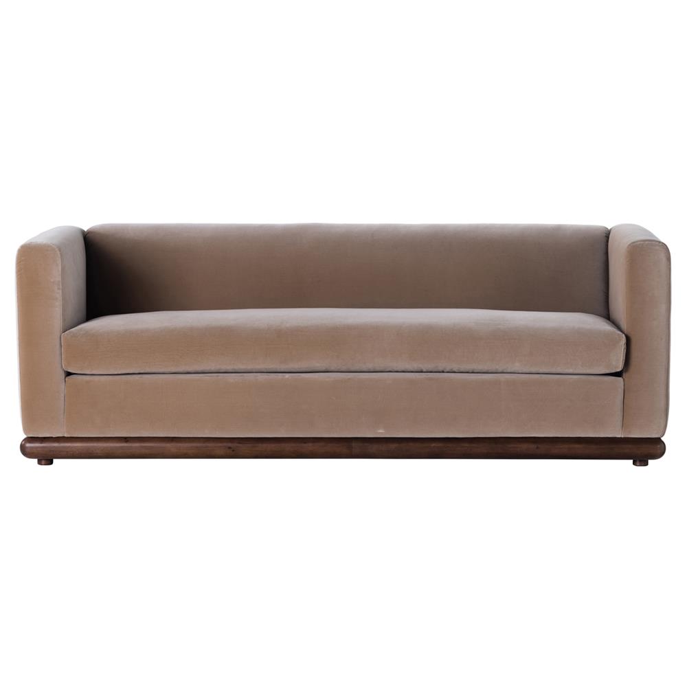 Jordane Mid Century Modern Taupe Upholstered Velvet Brown Wood Base Sofa - 83"W|