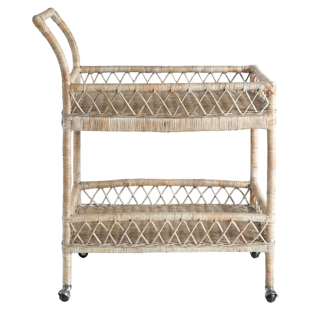 Neriya Coastal Beach Whitewash Rattan 2 Tier Woven Bar Cart|