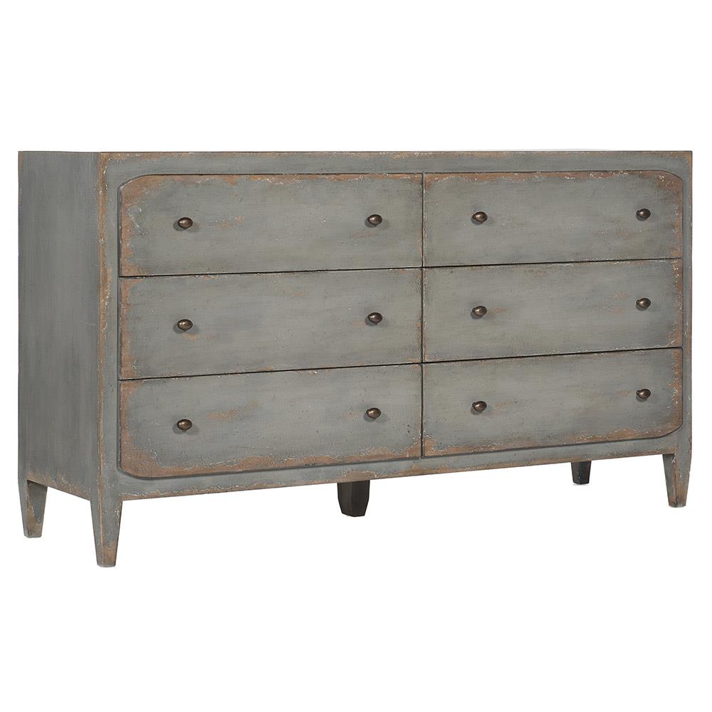 Harvey Rustic Lodge Distressed Grey Wood Brass Pull 6 Drawer Double Dresser|
