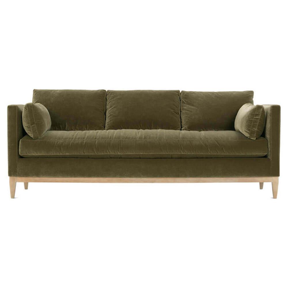 Leah Mid Century Modern Green Upholstered Velvet Brown Wood Sofa - 86"W|