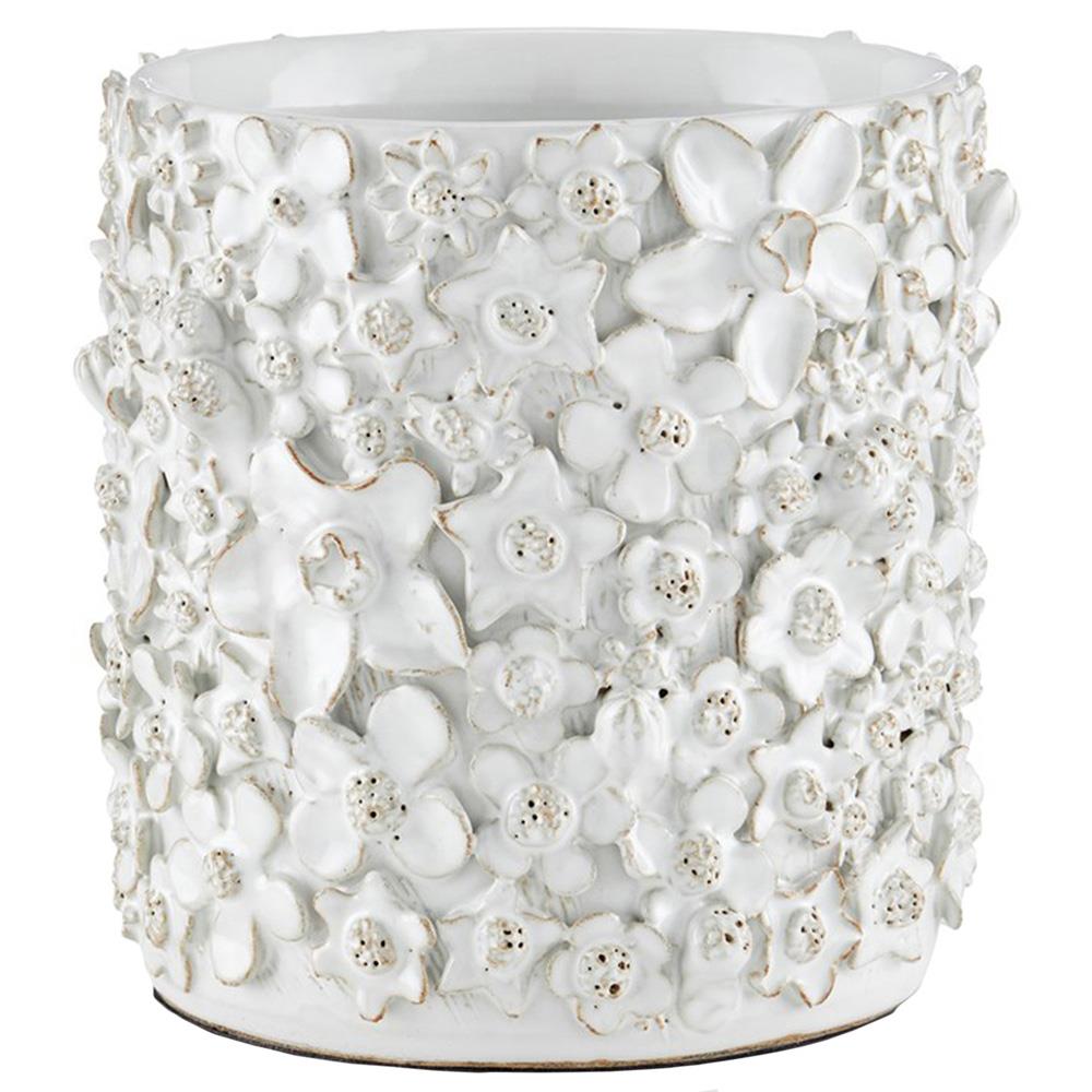 Jasmine French Country White Ceramic Floral Embossed Handmade Cachepot - Small|