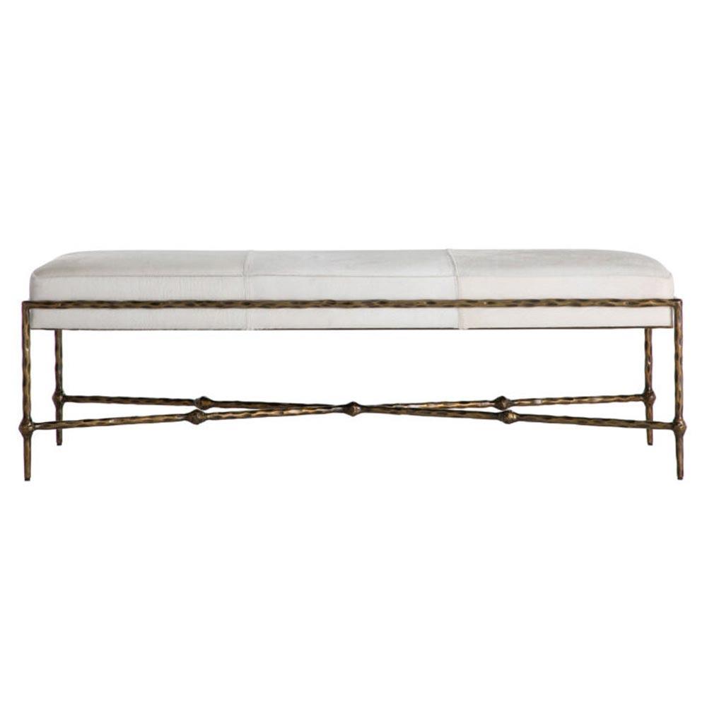Lambeth Modern Classic White Hair On Hide Antique Brass Iron Bench|