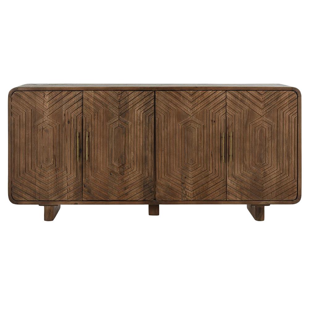 Sherwood Mid Century Modern Brown Mango Wood Patterned 4 Door Sideboard|