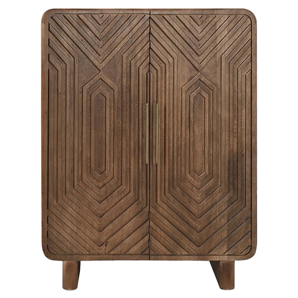 Sherwood Mid Century Modern Brown Mango Wood 2 Patterned Door Bar Cabinet|