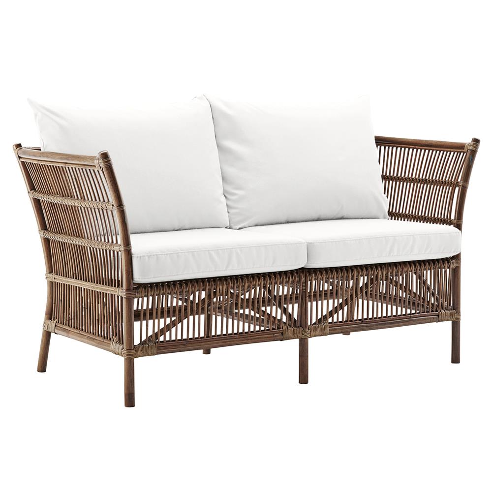 Sydney Coastal Beach White Performance Cushion Antique Brown Rattan Sofa - 57.1"W|