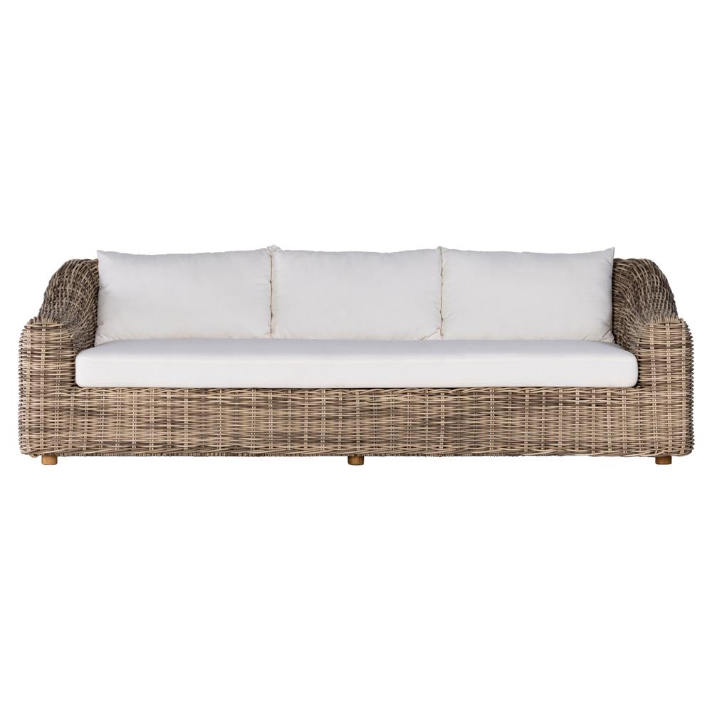 Celina Coastal White Cushion Woven Wicker Natural Teak Wood Outdoor Sofa - 106"|