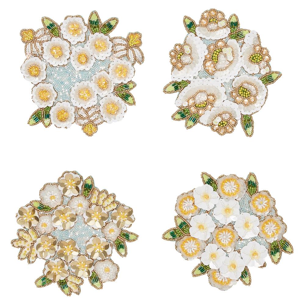 Gardenia French White Floral Sky Yellow Beaded Coaster - Set of 4|