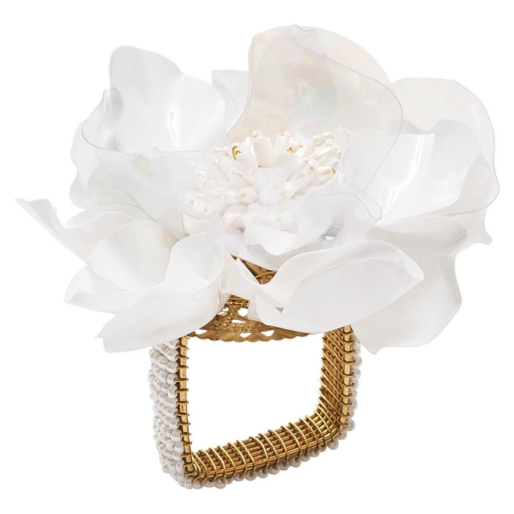 Gardenia Modern White Petal Beads Gold Metal Napkin Ring - Set of 4|