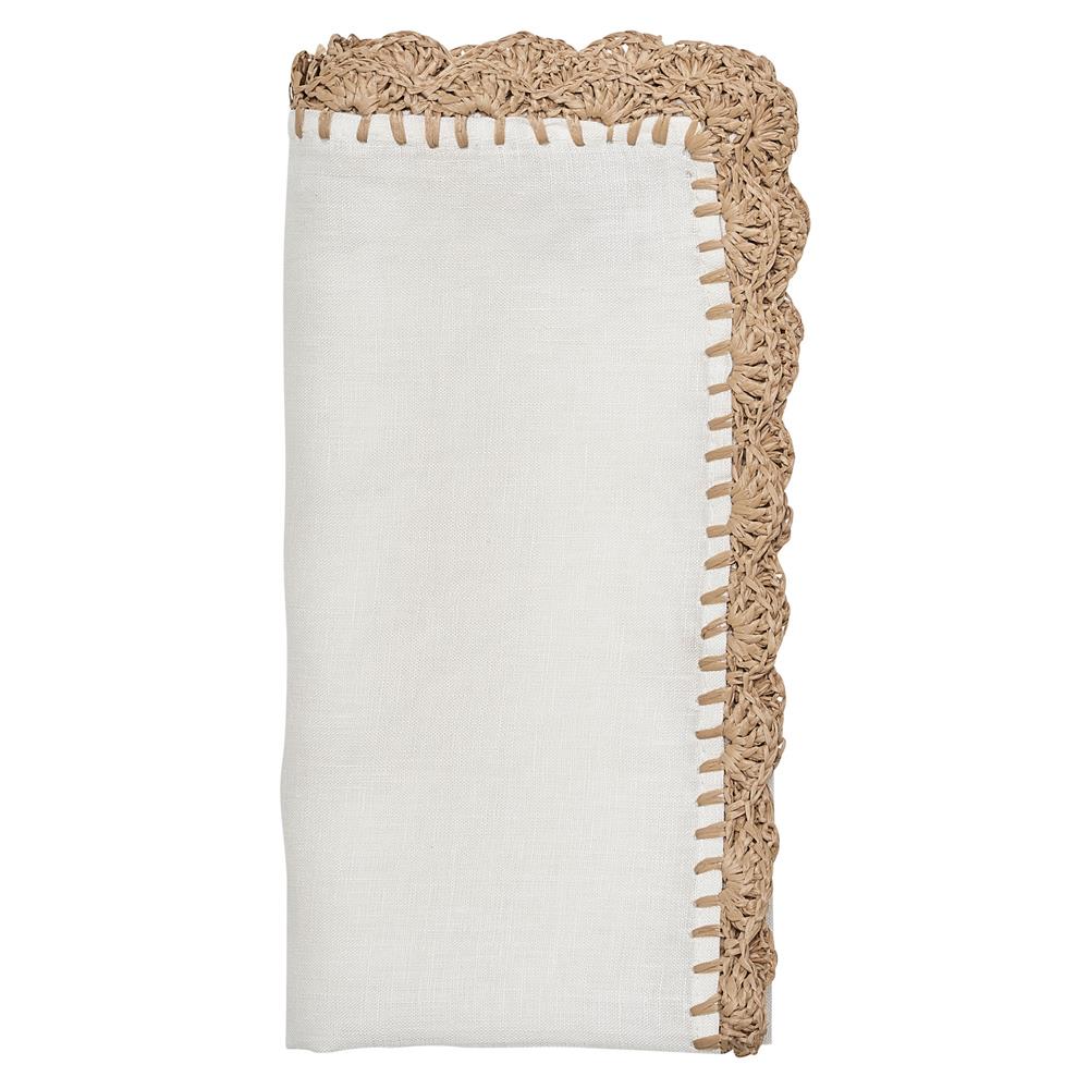 Ida Shell Edge Coastal White Linen Raffia Trim Napkin - Set of 4|