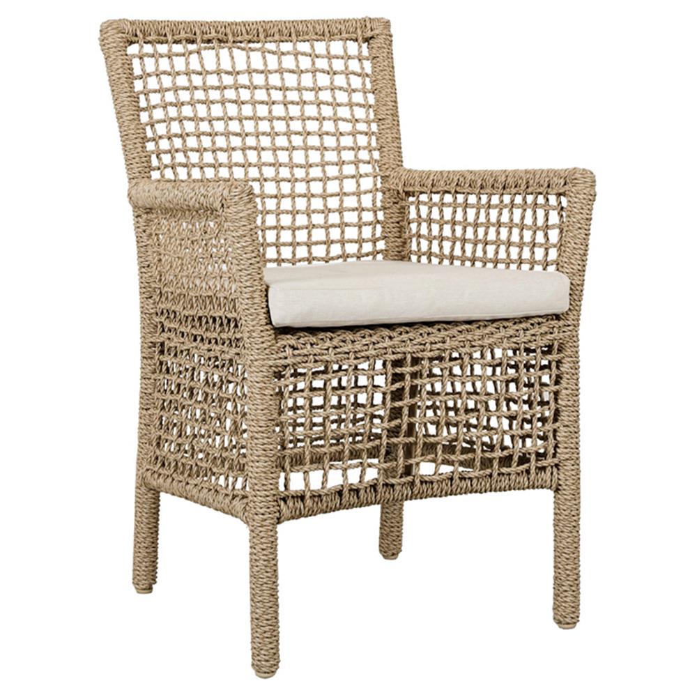 Sonia Coastal Beach White Upholstered Brown Woven Rope Outdoor Dining Arm Chair|