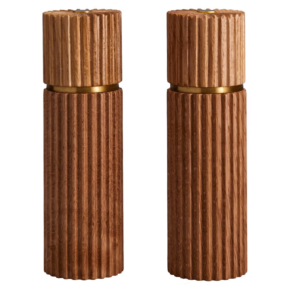 L'Objet Ionic Modern Natural Oak Wood Brass Accent Salt & Pepper Mills Set|