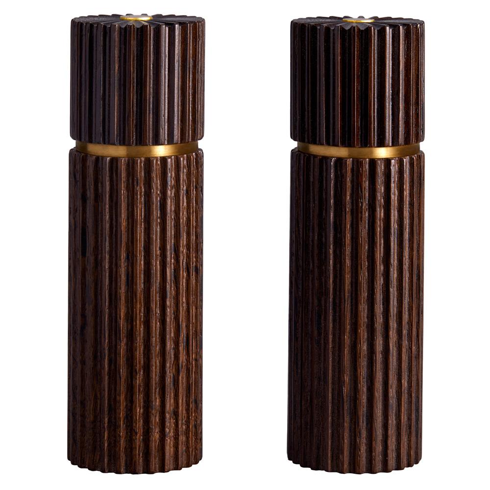 L'Objet Ionic Modern Smoked Oak Wood Brass Accent Salt &amp; Pepper Mills Set|