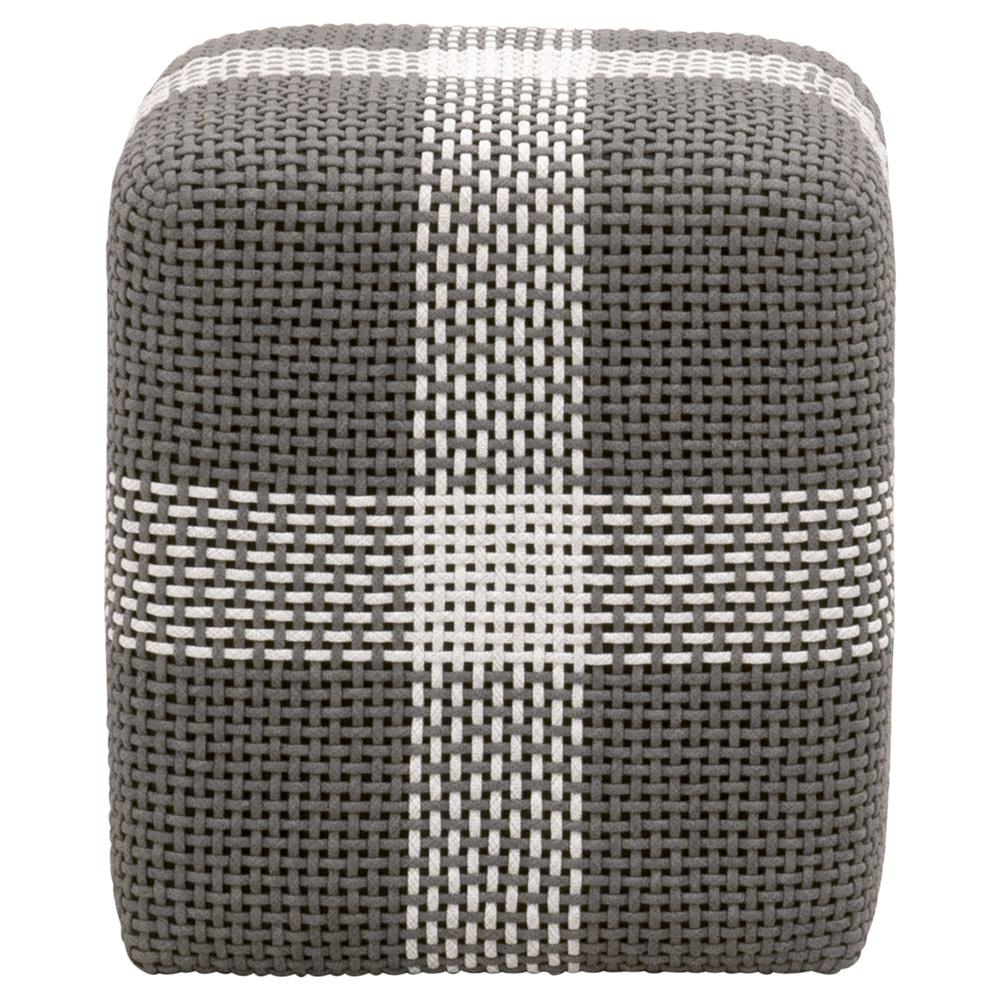 Hydra Coastal Beach Grey Woven Rope Teak Wood Square Outdoor Ottoman|