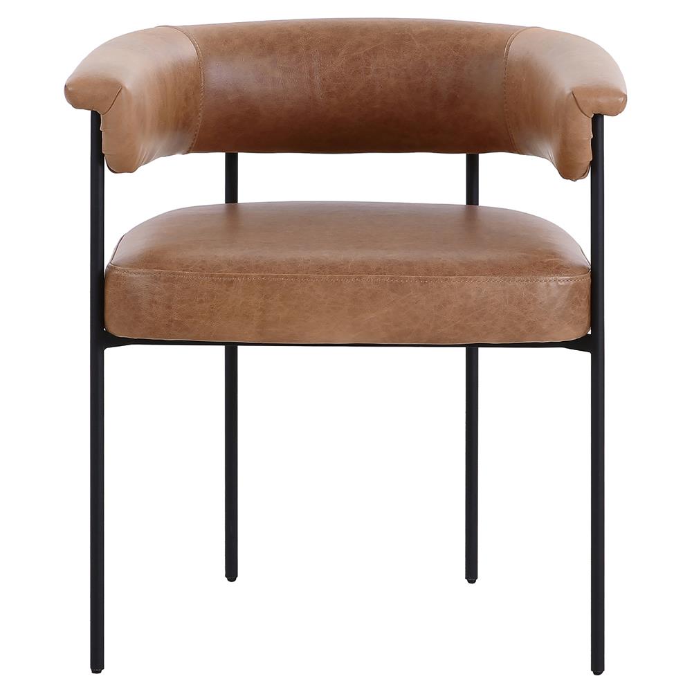 Penelope Industrial Brown Upholstered Leather Black Iron Barrel Dining Arm Chair|