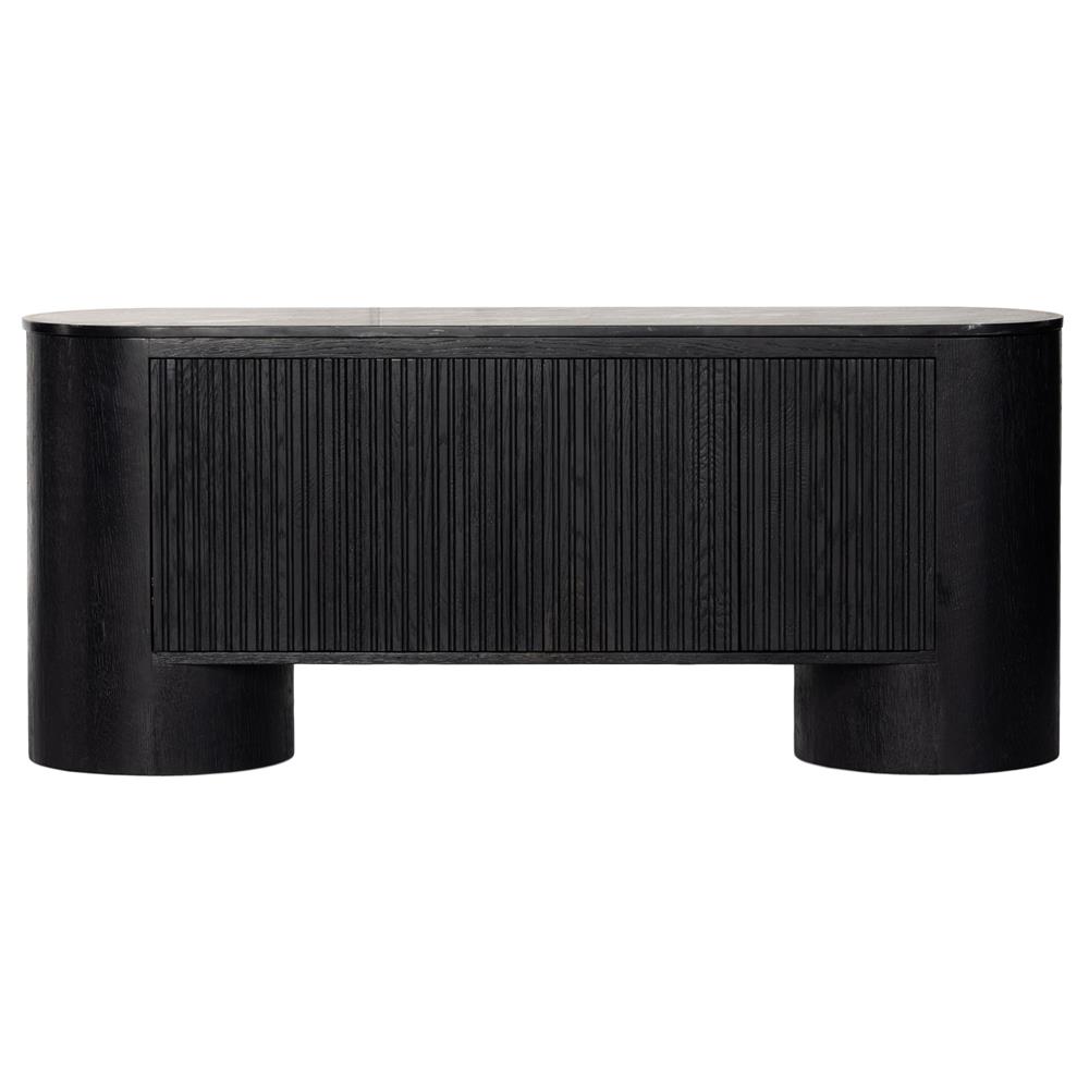 Graham Mid Century Black Marble Top Oak Wood 4 Door Media Cabinet