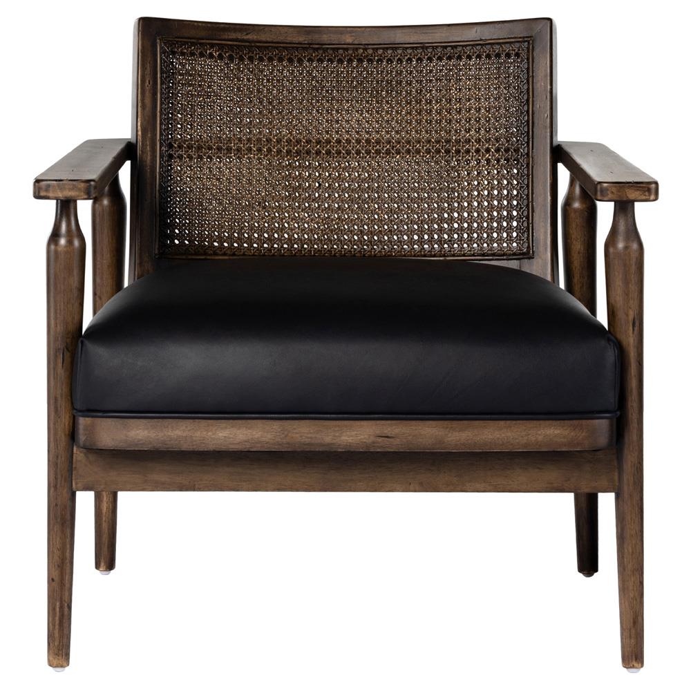 Xander Rustic Lodge Brown Woven Cane Black Leather Seat Occasional Arm Chair|