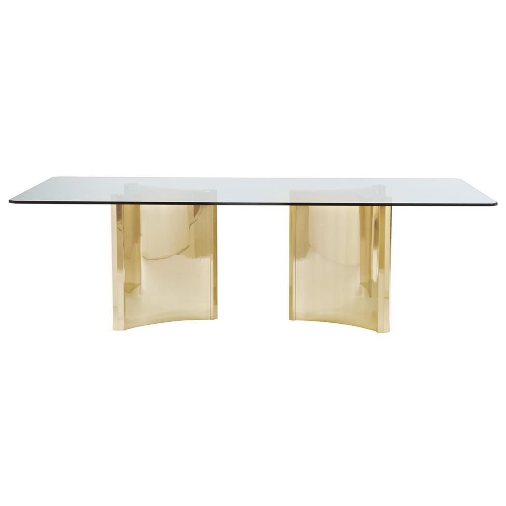 Ellen Hollywood Regency Gold Steel Pedestal Glass Top Dining Table