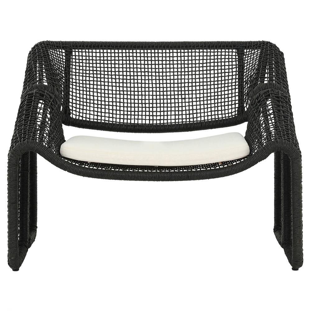 Lani Coastal Beach White Cushion Black Woven Wicker Outdoor Lounge Chair|