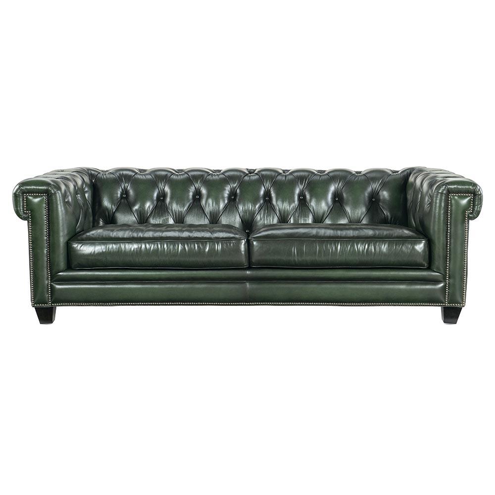 Harry Rustic Lodge Green Upholstered Leather Nailhead Tufted Sofa - 96"W|